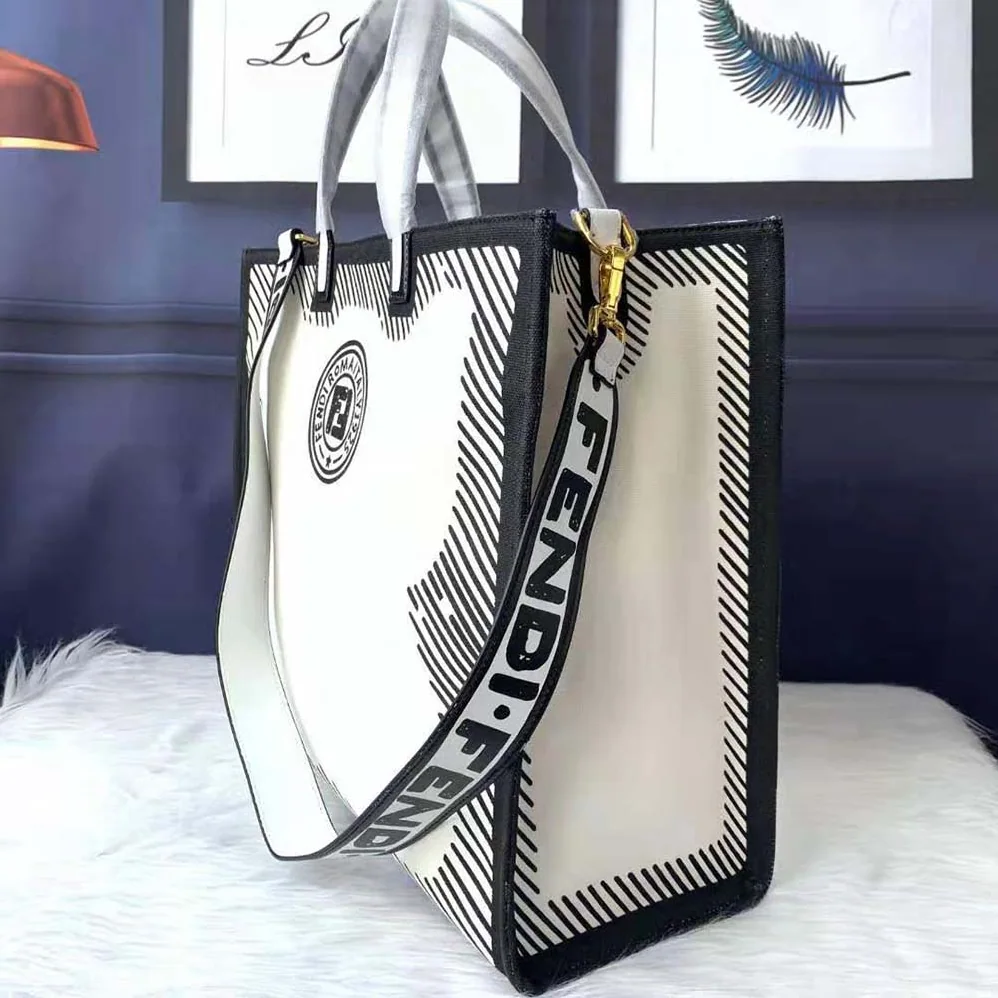 Fendi Shopper White Glazed Canvas Bag for Women