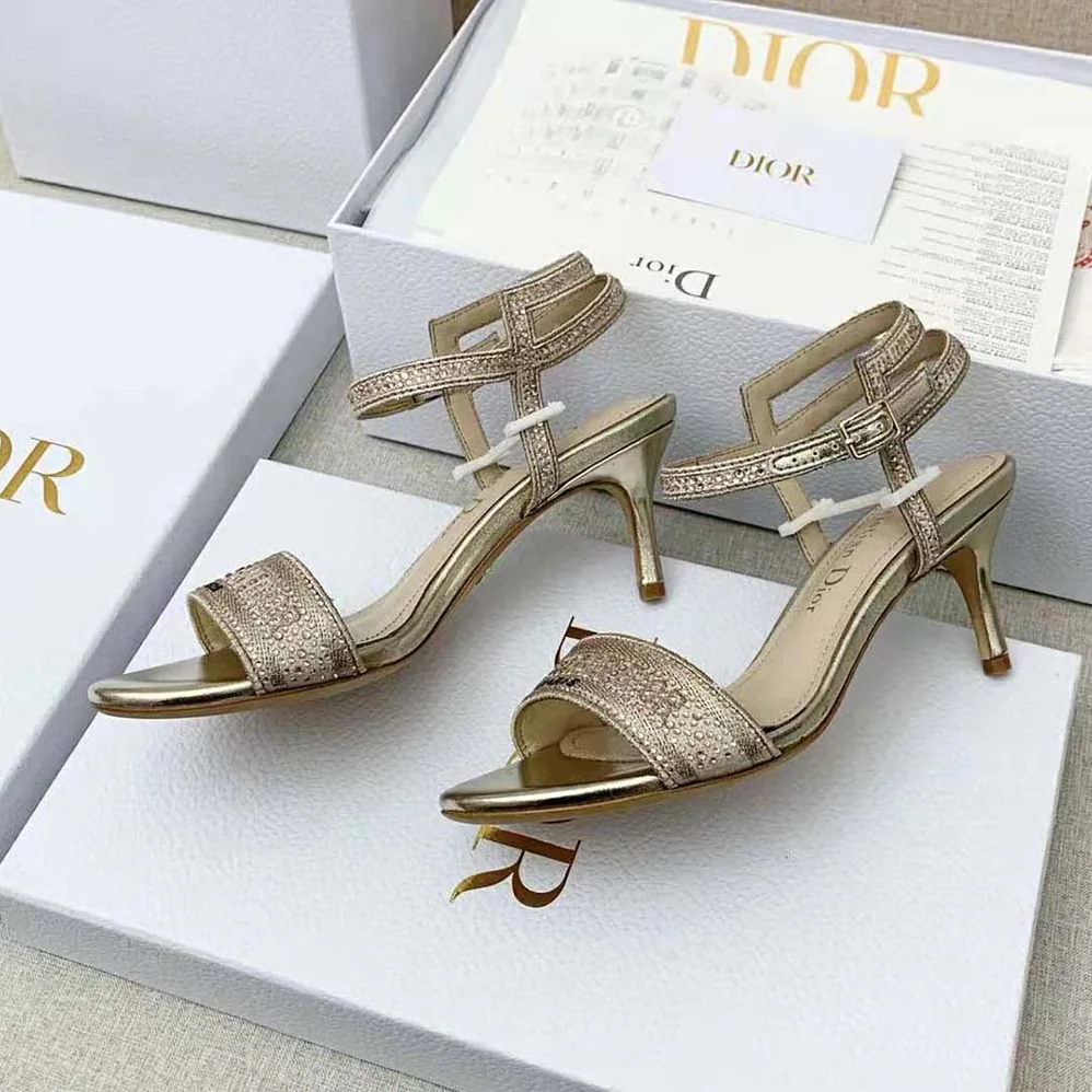Dior Dway Heeled Sandal Gold-Tone Cotton Embroidered with Metallic Thread and Strass for Women