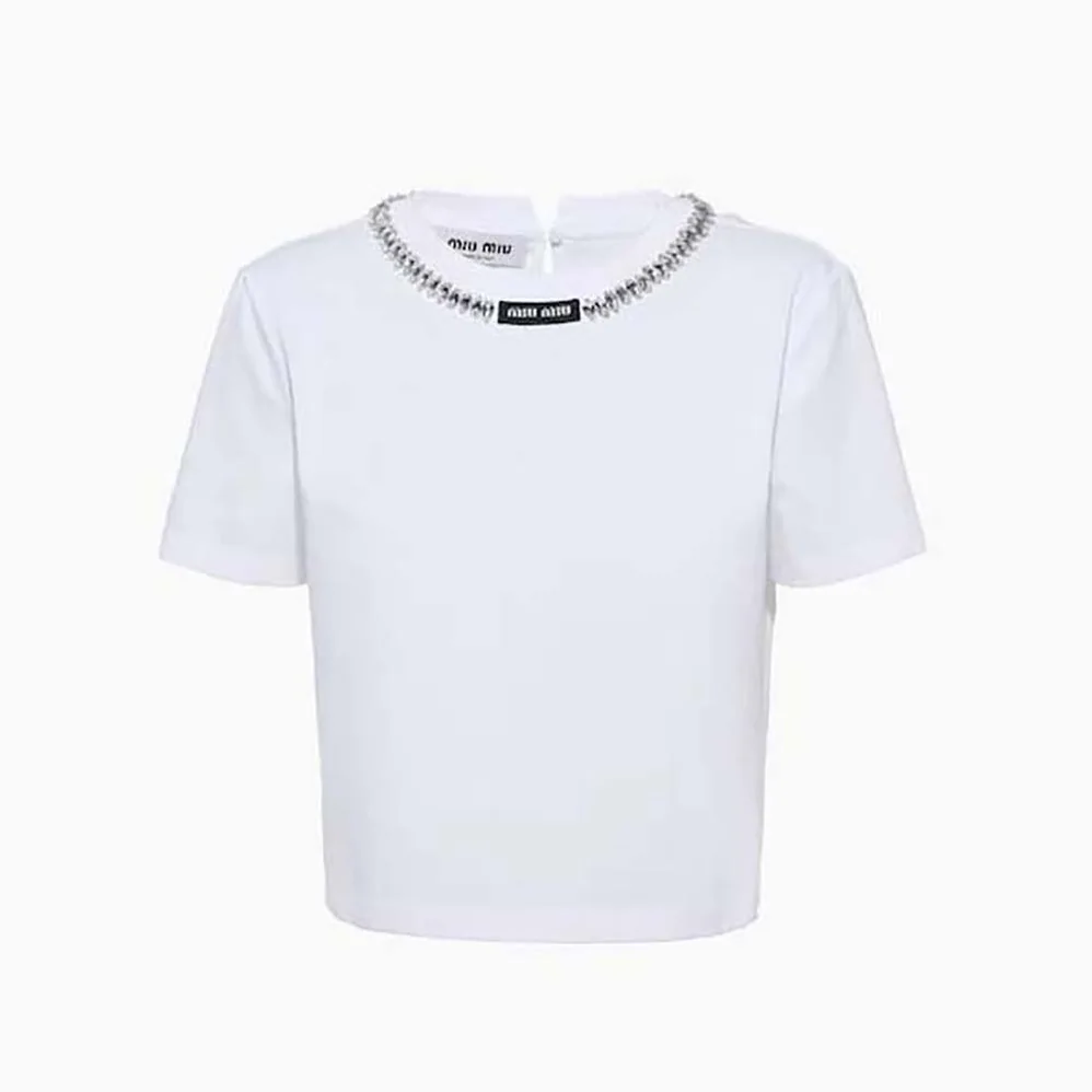 Miu Miu Embroidered Cotton T-shirt with Logo Patch for Women in White Miu Miu Embroidered Cotton T-shirt with Logo Patch for Women in White