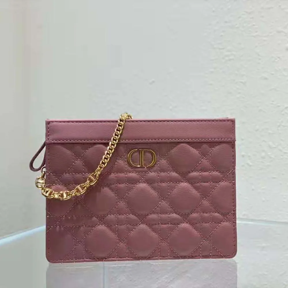 Dior Caro Zipped Pouch with Chain Cedar Green Supple Cannage Calfskin for Women in Pink Dior Caro Zipped Pouch with Chain Cedar Green Supple Cannage Calfskin for Women in Pink