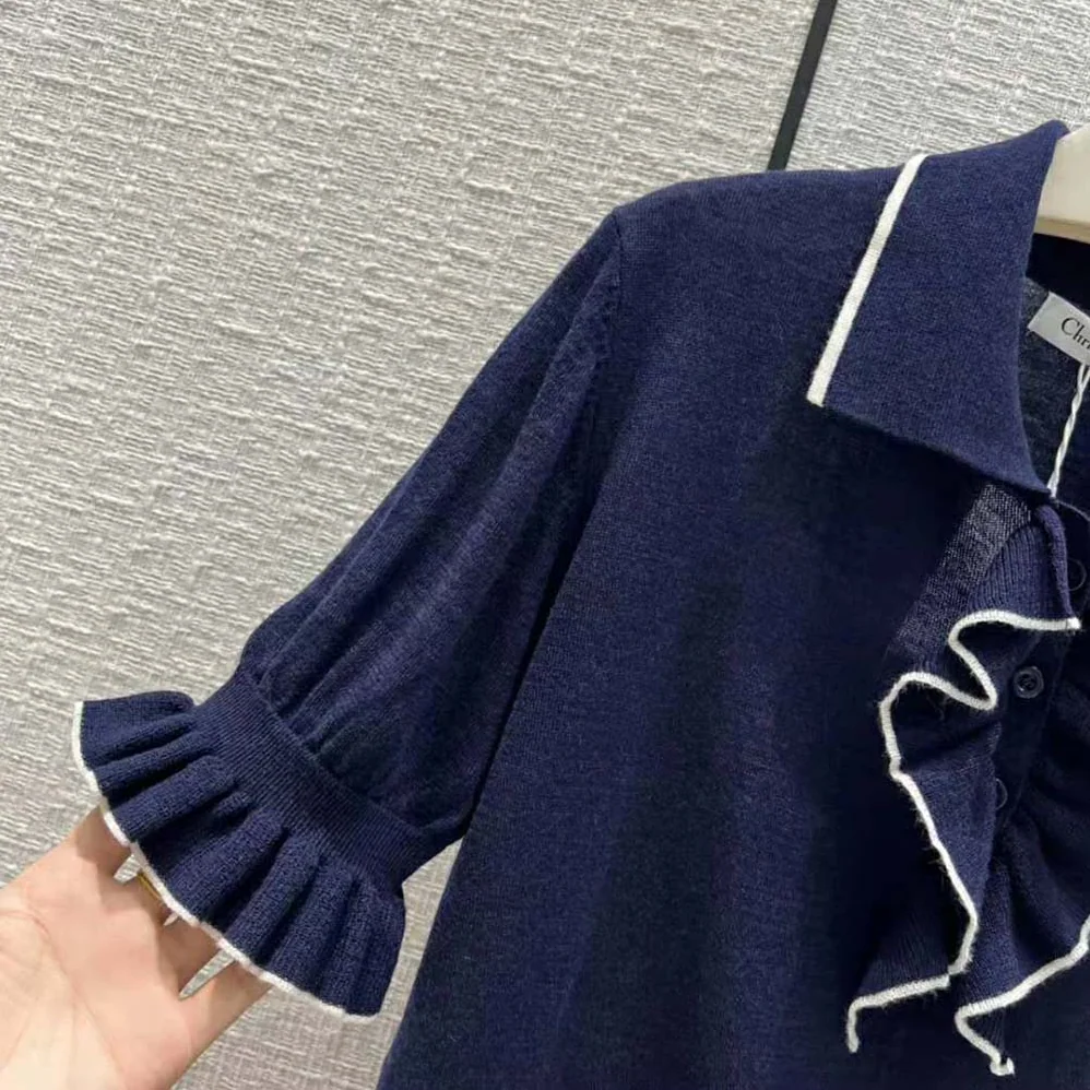 Dior Short-Sleeved Sweater Navy Blue Cashmere and Silk Knit for Women Dior Short-Sleeved Sweater Navy Blue Cashmere and Silk Knit for Women