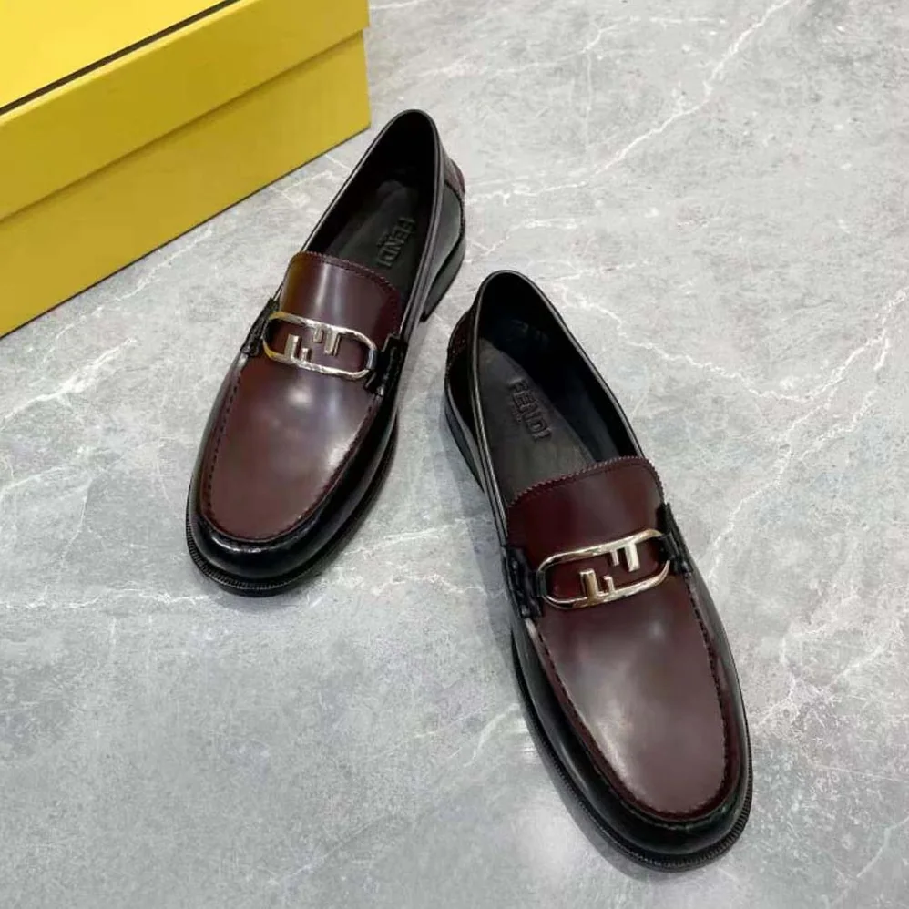 Fendi Maroon Leather Loafers with Fendi O'Lock Motif for Men Fendi Maroon Leather Loafers with Fendi O'Lock Motif for Men