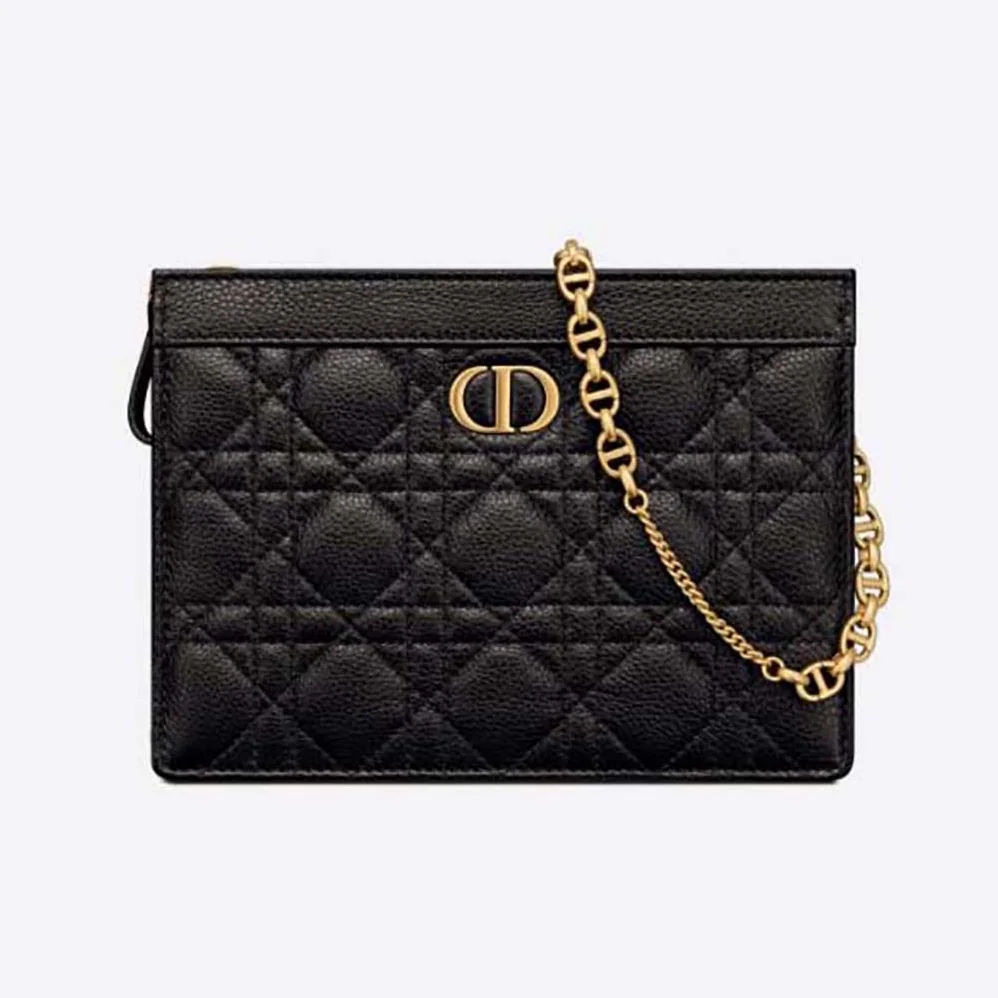 Dior Caro Zipped Pouch with Chain Black Supple Cannage Calfskin for Women