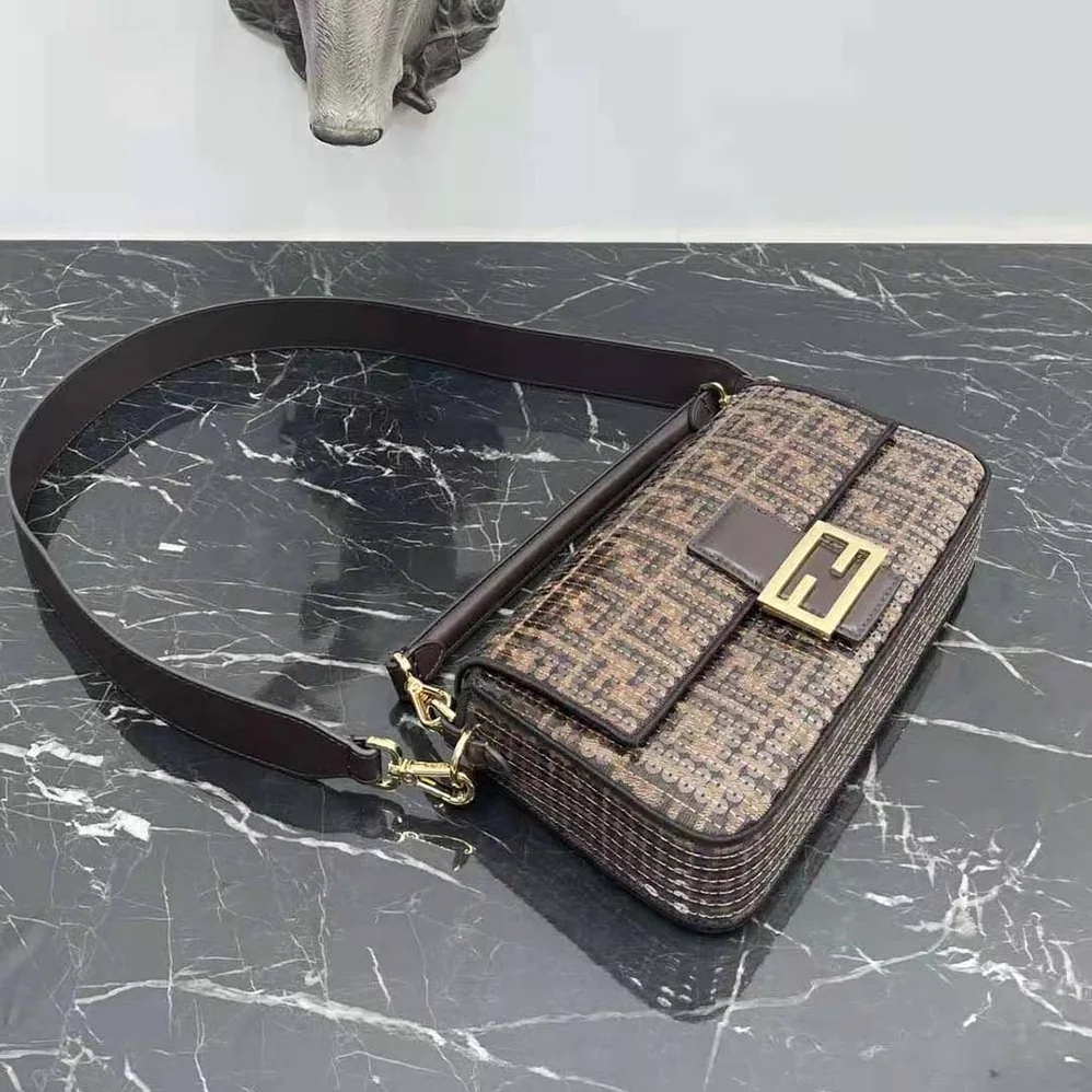 Fendi Baguette Brown FF Jacquard Fabric Bag with Sequins for Women Fendi Baguette Brown FF Jacquard Fabric Bag with Sequins for Women