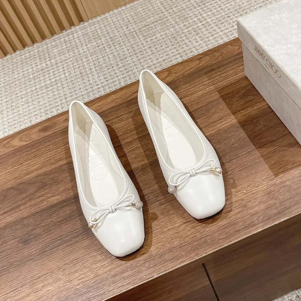 Jimmy Choo Elme Flat Latte Nappa Leather Flats with Pearl Embellishment for Women Jimmy Choo Elme Flat Latte Nappa Leather Flats with Pearl Embellishment for Women