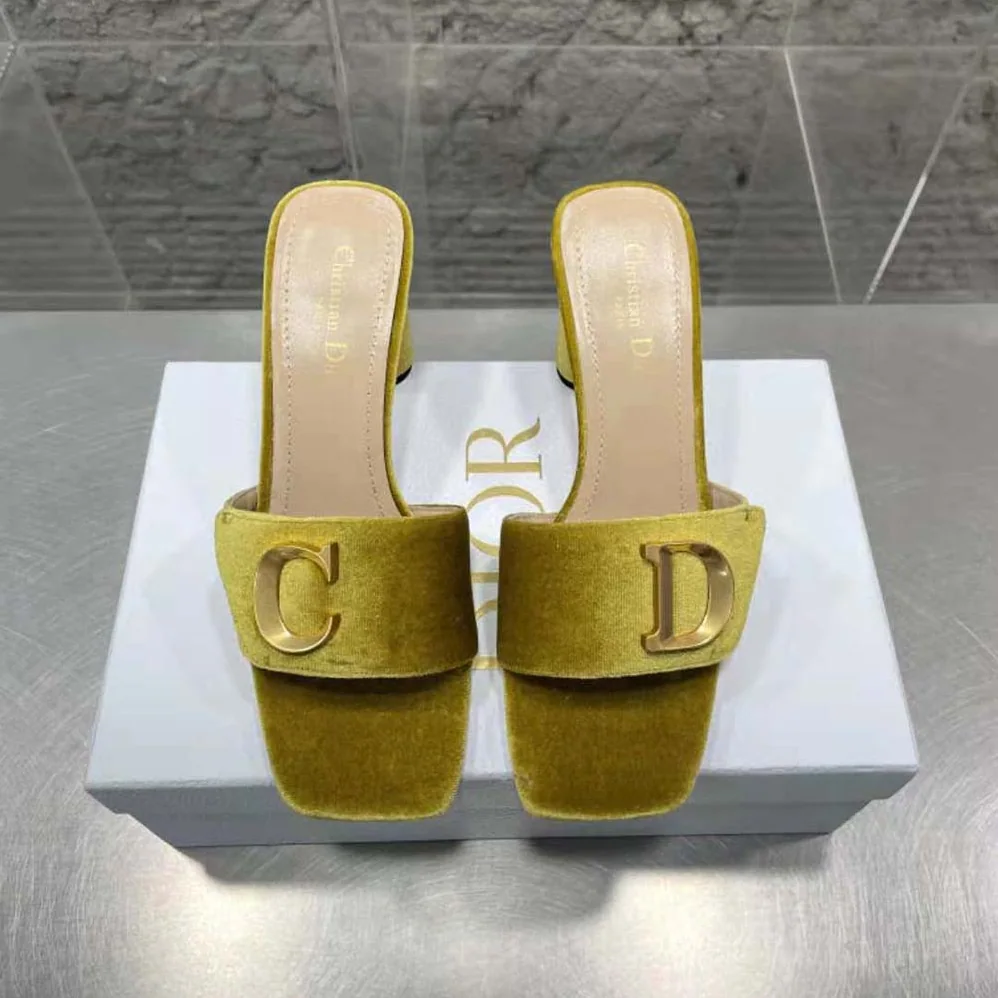 Dior C'est Dior Heeled Slide Lime Yellow Velvet for Women Dior C'est Dior Heeled Slide Lime Yellow Velvet for Women