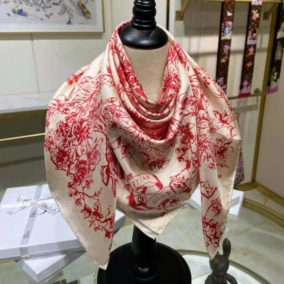 Dior Toile De Jouy Flowers Square Scarf Ivory and Red Silk Twill for Women Dior Toile De Jouy Flowers Square Scarf Ivory and Red Silk Twill for Women