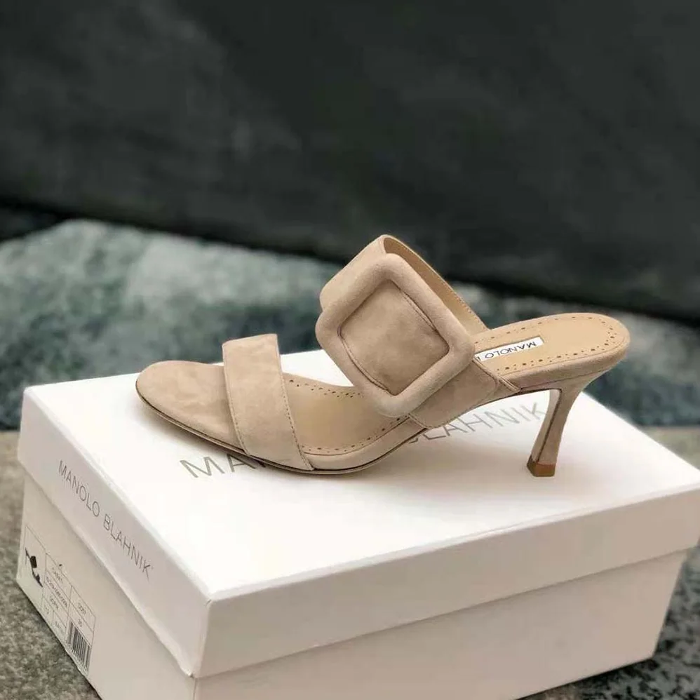 Manolo Blahnik Light Beige Suede Open Toe Mules for Women