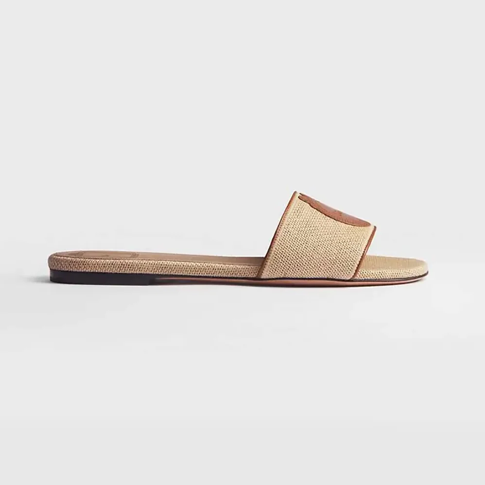 Dior Dioriviera Dior Médaillon Slide Natural Embroidered Cotton and Cognac Brown Calfskin for Women Dior Dioriviera Dior Médaillon Slide Natural Embroidered Cotton and Cognac Brown Calfskin for Women