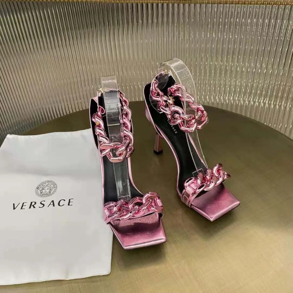 Versace Medusa Chain Suede Sandals in 11cm Heel for Women in Pink Versace Medusa Chain Suede Sandals in 11cm Heel for Women in Pink