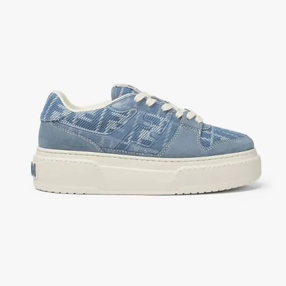 Fendi Match Denim-effect FF Jacquard and Light Blue Suede Platform Low Tops for Women