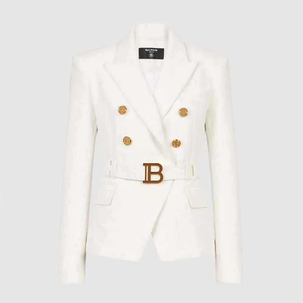 Balmain Double-Breasted Cotton Blazer with Balmain Buckle for Women in White
