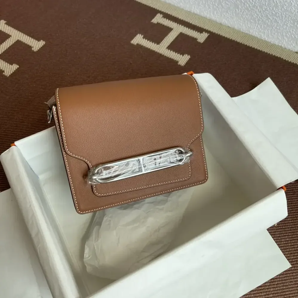 Hermes Roulis Mini Bag in Evercolor Calfskin for Women in Brown/Silver Hermes Roulis Mini Bag in Evercolor Calfskin for Women in Brown/Silver