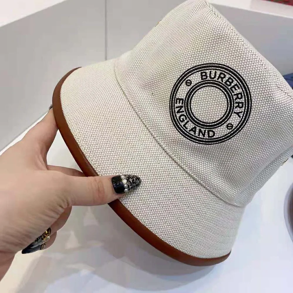 Burberry Leather Trim Logo Graphic Canvas Bucket Hat for Women