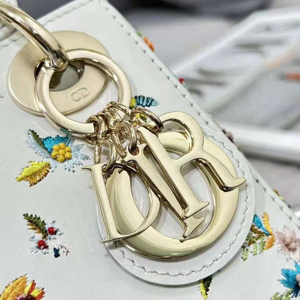 Dior Mini Lady Dior Bag Latte Calfskin Embroidered with Multicolor Small Flowers for Women