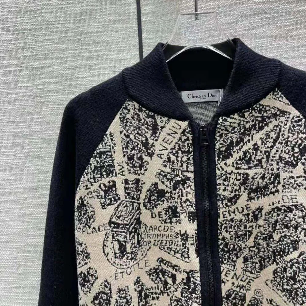 Dior Bomber Jacket Beige and Black Technical Virgin Wool Knit with Plan de Paris Motif for Women