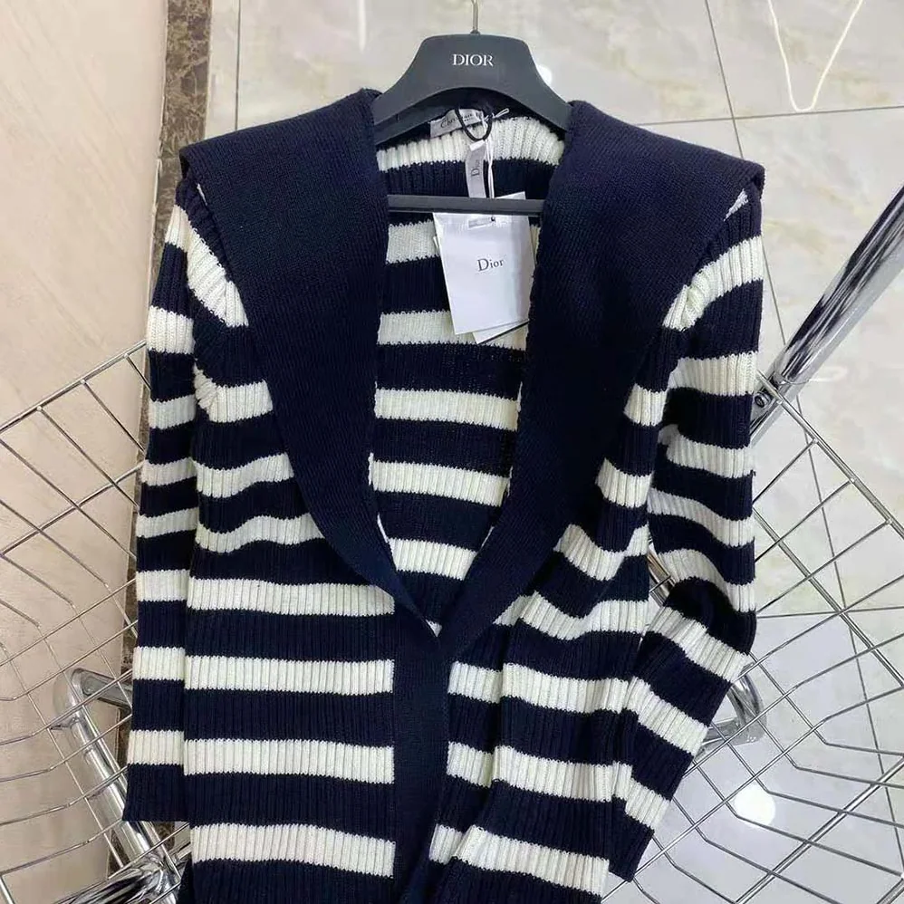 Dior Belted Dior Mariniere Cardigan Navy Blue and Ecru Cotton Knit and Cashmere for Women Dior Belted Dior Mariniere Cardigan Navy Blue and Ecru Cotton Knit and Cashmere for Women