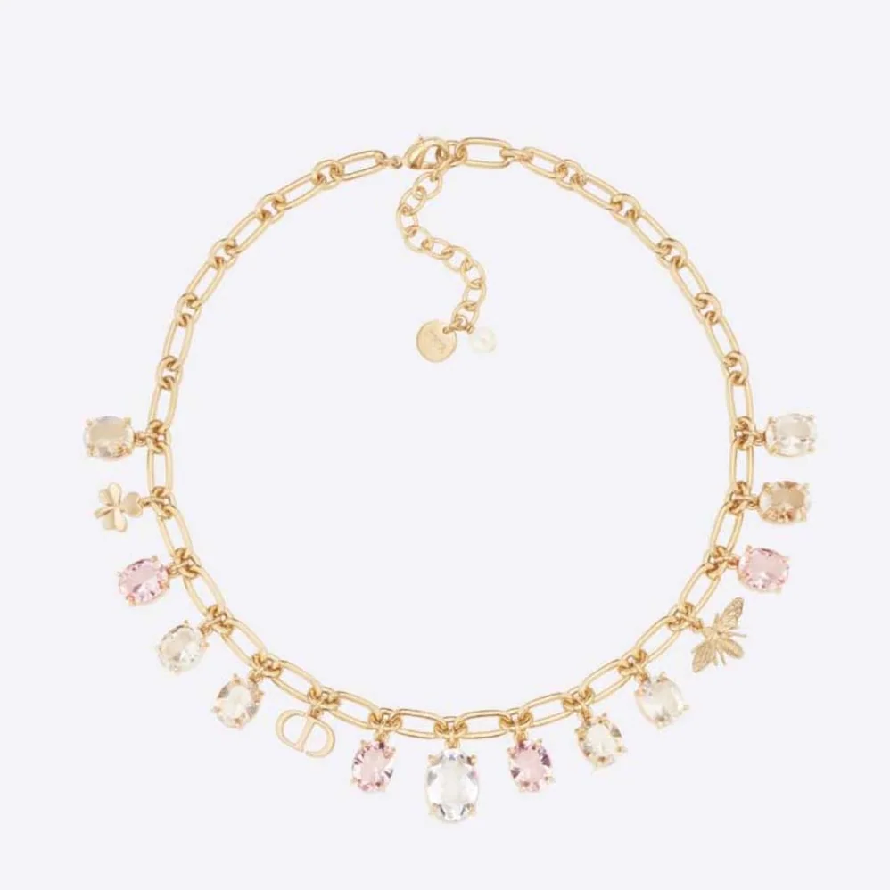 Dior Petit CD Necklace Gold-Finish Metal and Multicolor Crystals with White Resin Pearl for Women