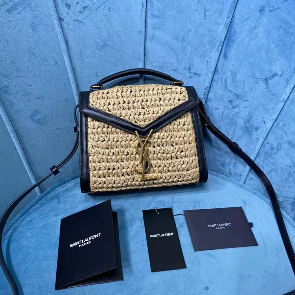 Saint Laurent YSL Cassandra Mini Top Handle Bag in Raffia and Leather for Women
