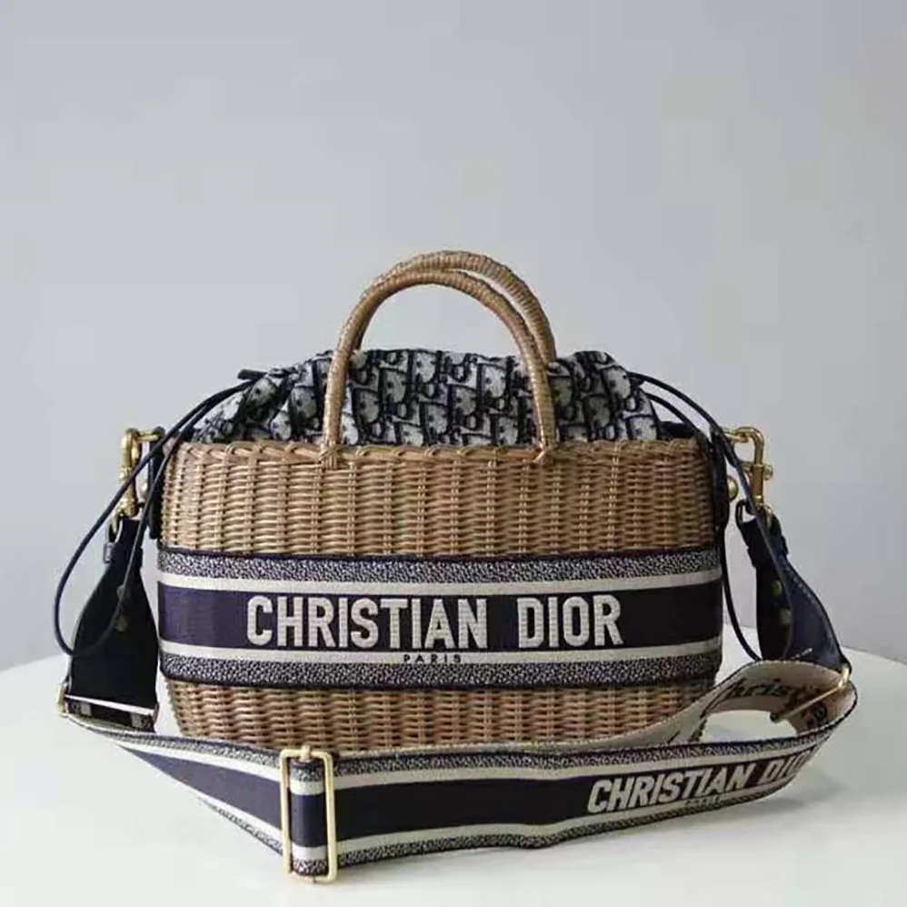 Dior Dior Wicker Basket Bag Blue Dior Oblique Jacquard and Natural Wicker for Women Dior Dior Wicker Basket Bag Blue Dior Oblique Jacquard and Natural Wicker for Women