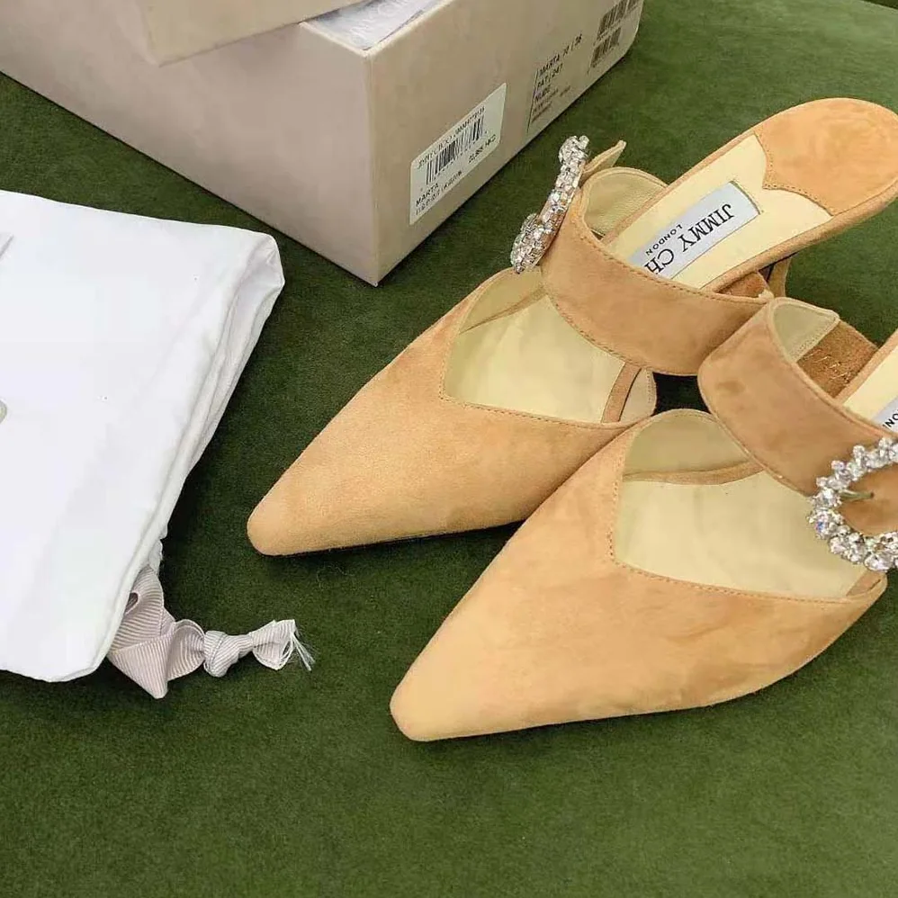 Jimmy Choo Marta 70 Caramel Suede Mules with Crystal Buckle for Women Jimmy Choo Marta 70 Caramel Suede Mules with Crystal Buckle for Women