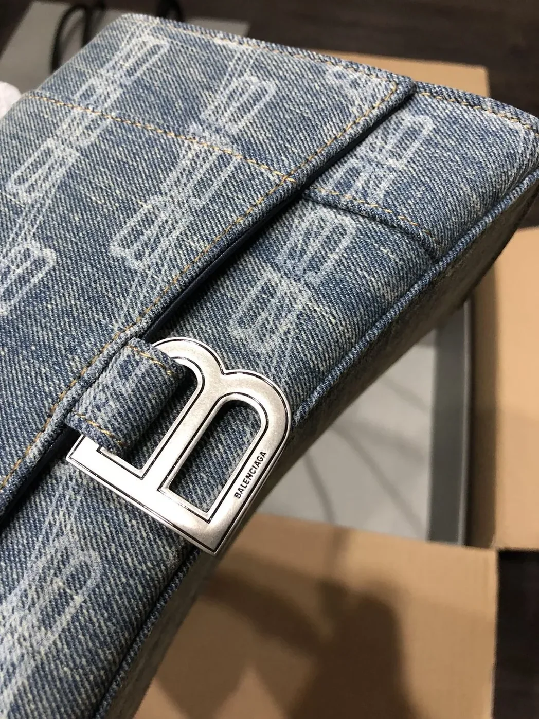 Balenciaga Hourglass Small Handbag Bb Monogram Bleached Denim In Blue / Balenciaga Hourglass Small Handbag Bb Monogram Bleached Denim In Blue /