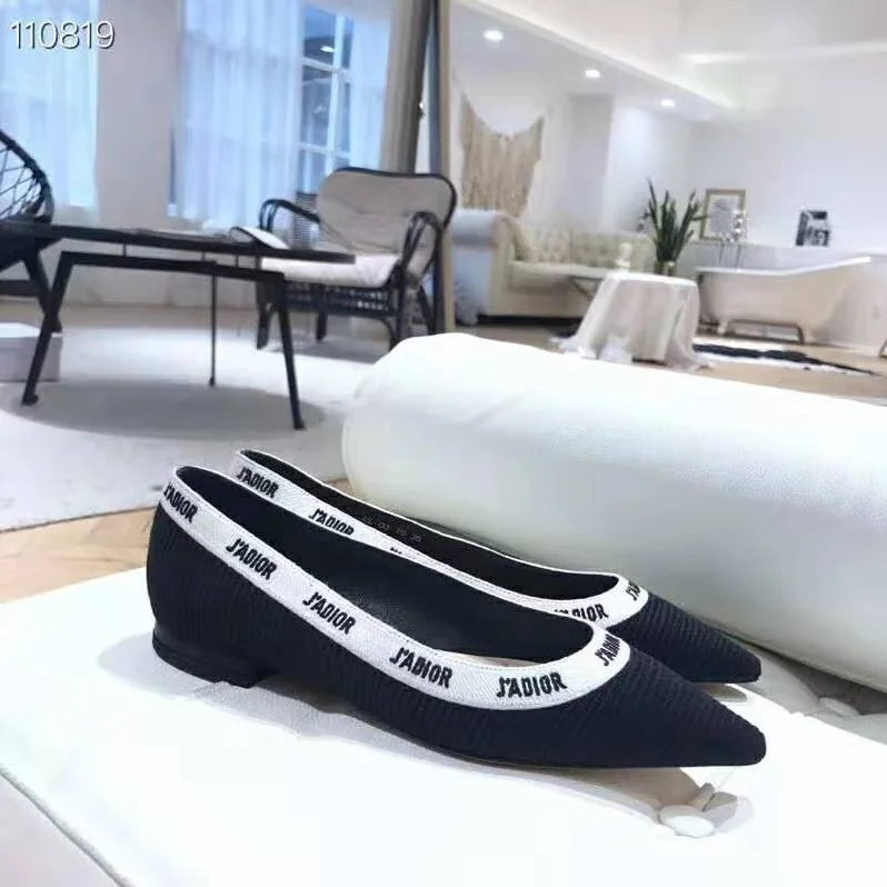Dior J'adior Embroidered Ballet Flat Technical Canvas Embroidered Ribbon for Women in Black