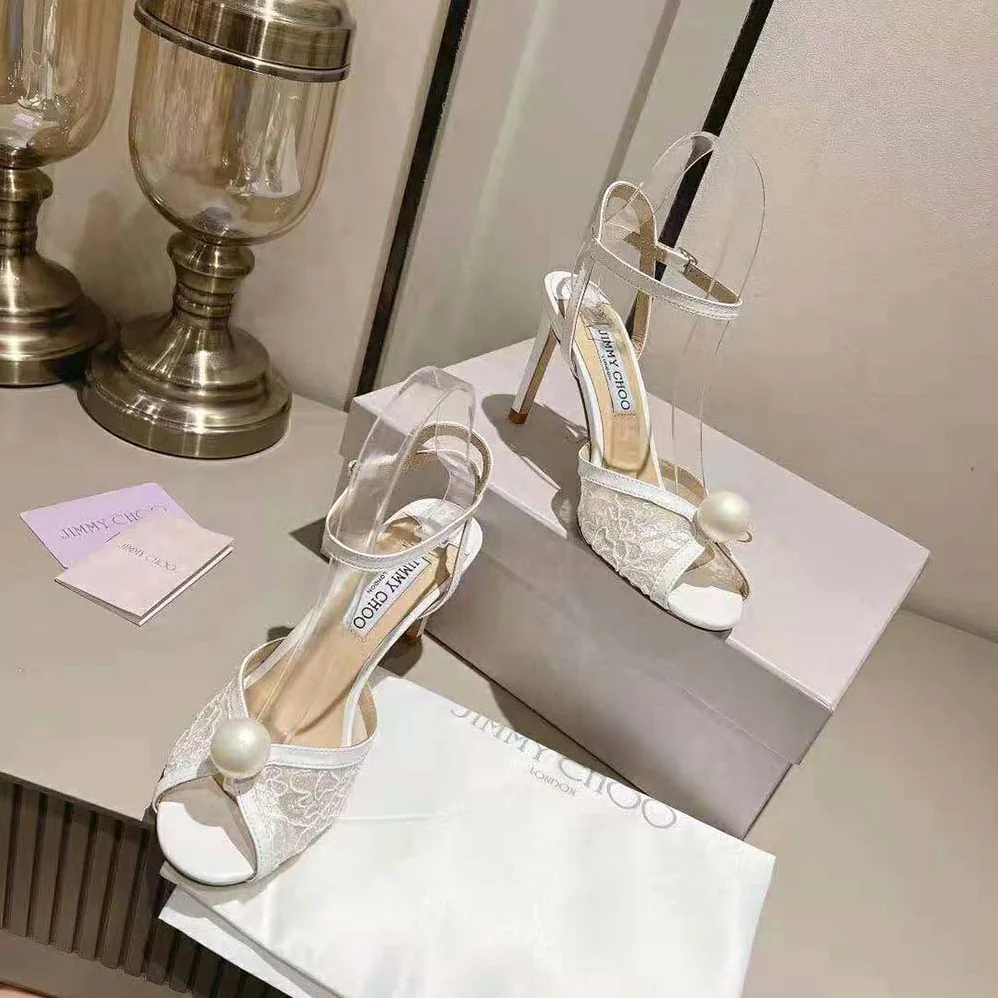 Jimmy Choo Sacora 85 Ivory Floral Lace Sandals with Pearl Detail for Women