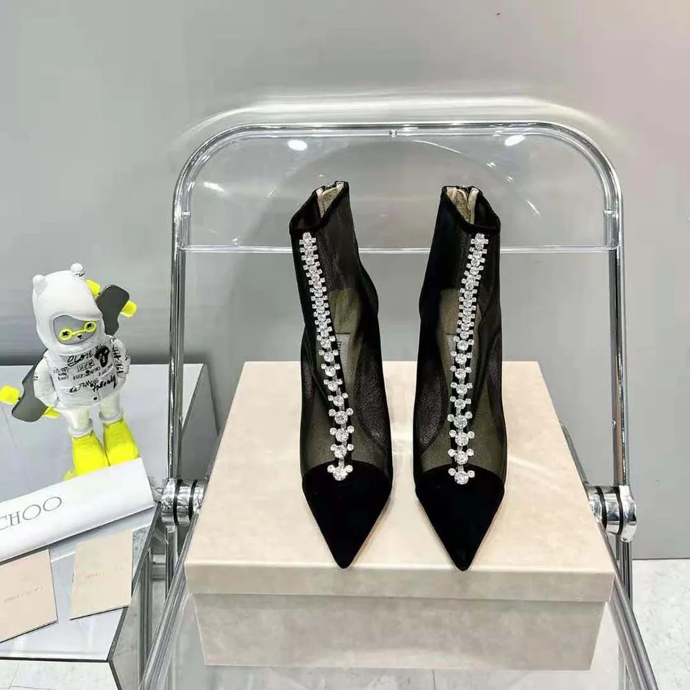 Jimmy Choo Bing Boot 100 Black Suede and Mesh Ankle Boots with Crystal Embellishment for Women