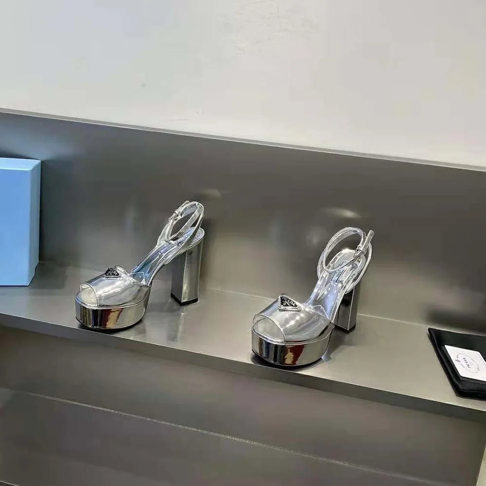 Prada Metallic Leather Platform Sandals for Women in Silver