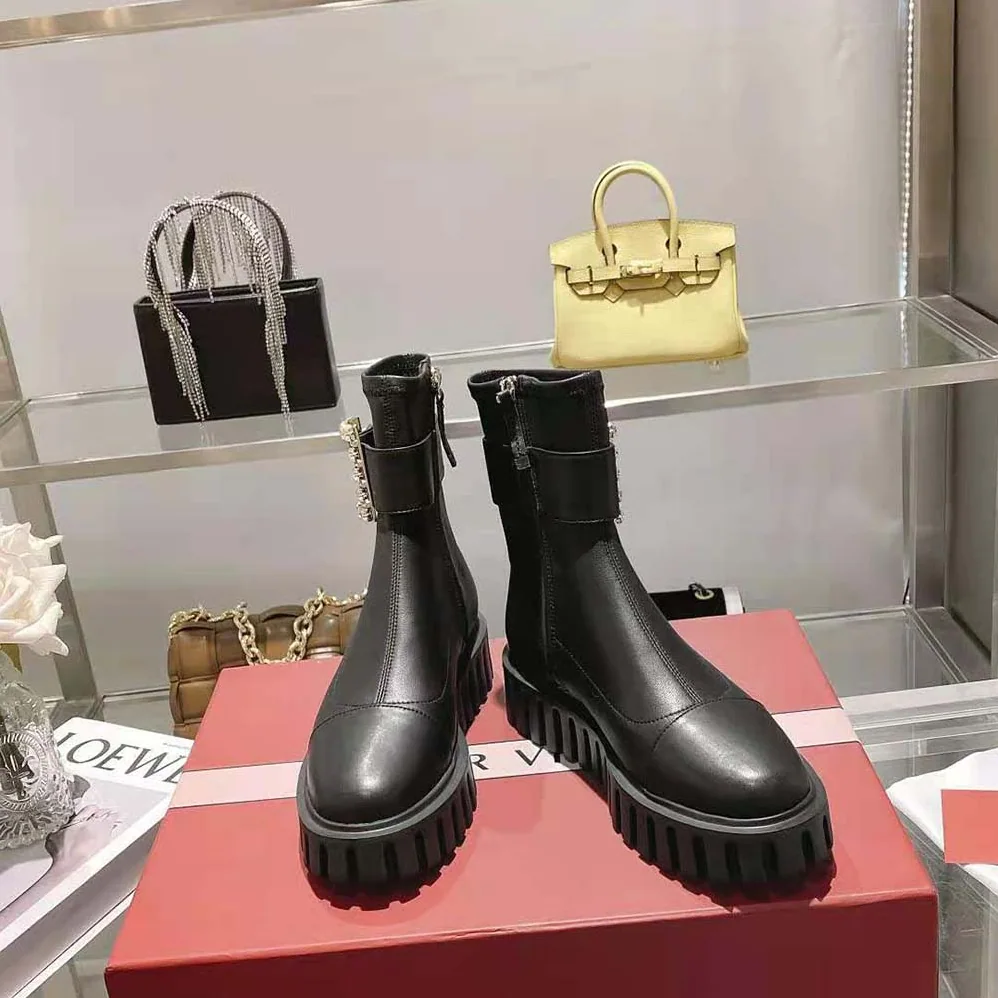 Roger Vivier Viv' Go-Thick Rhinestone Buckle Stretch Ankle Boots in Soft Leather for Women Roger Vivier Viv' Go-Thick Rhinestone Buckle Stretch Ankle Boots in Soft Leather for Women