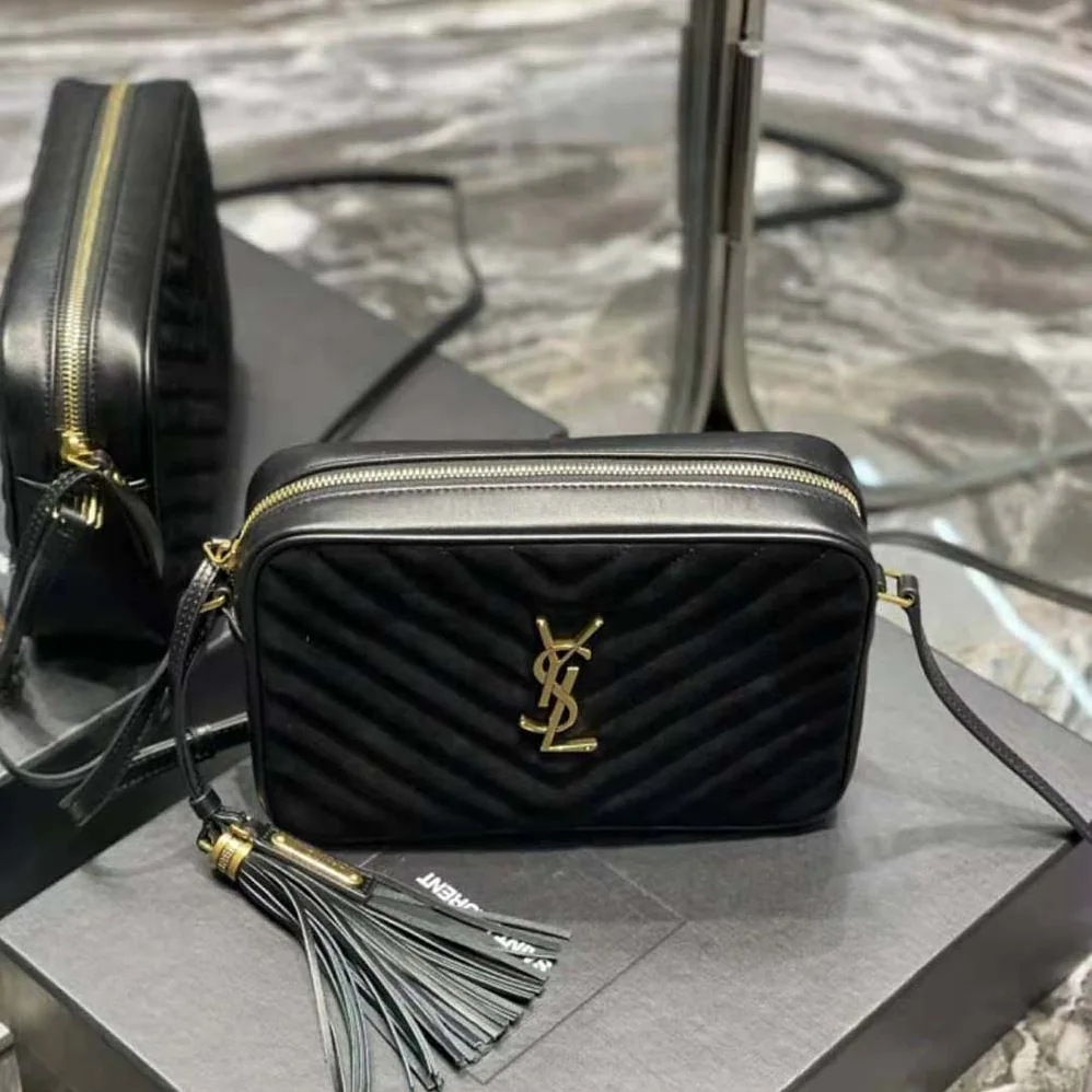 Saint Laurent YSL Lou Camera Bag in Quilted Suede and Smooth Leather for Women in Black