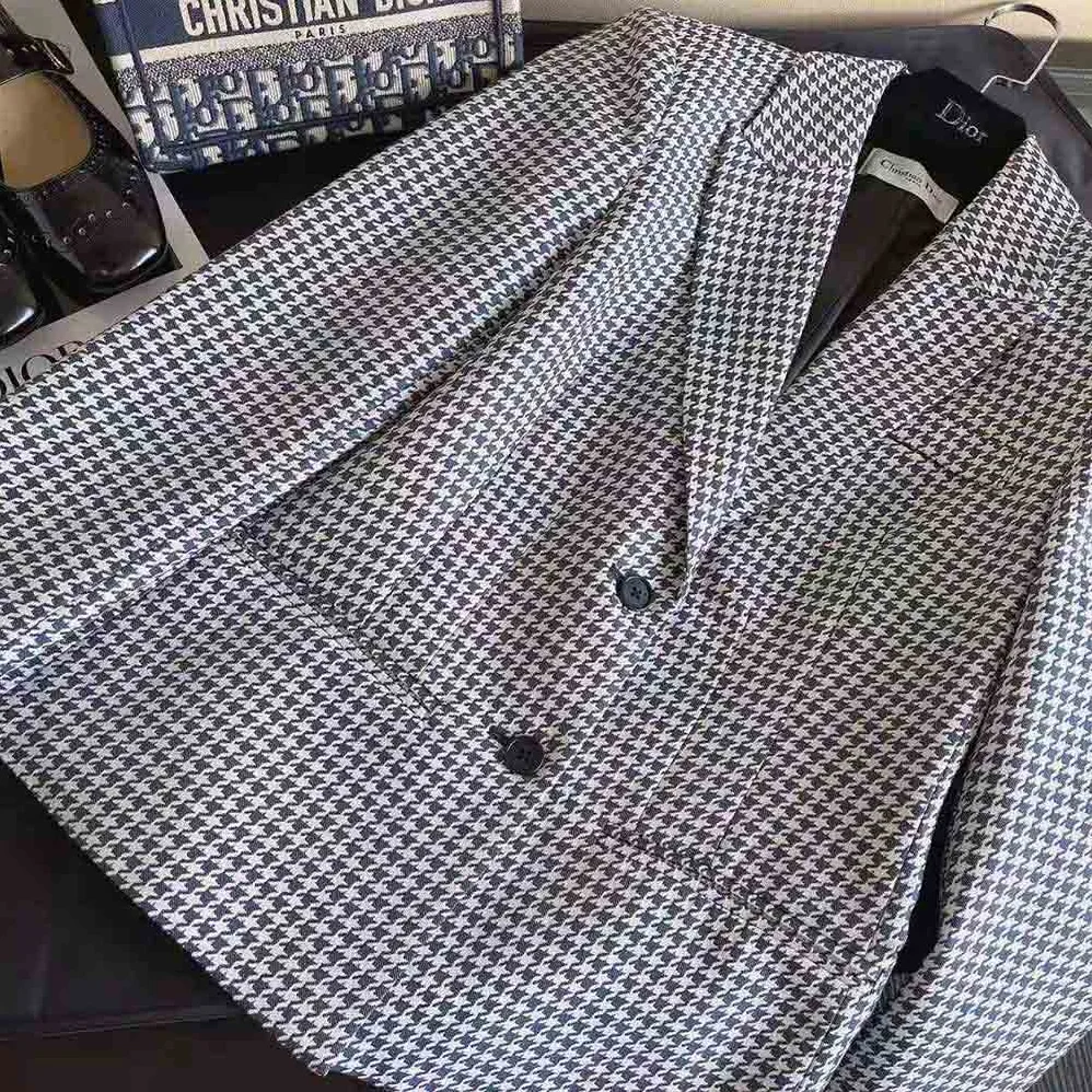 Dior Fitted Jacket Black and White Wool Twill and Silk with Micro Houndstooth Motif for Women