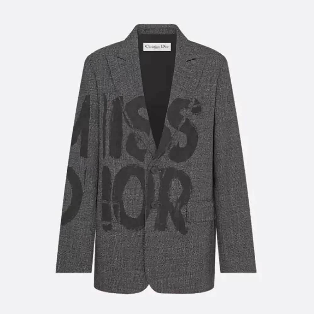 Dior Blazer Gray End-on-End Virgin Wool with Black Miss Dior Graffiti Motif for Women