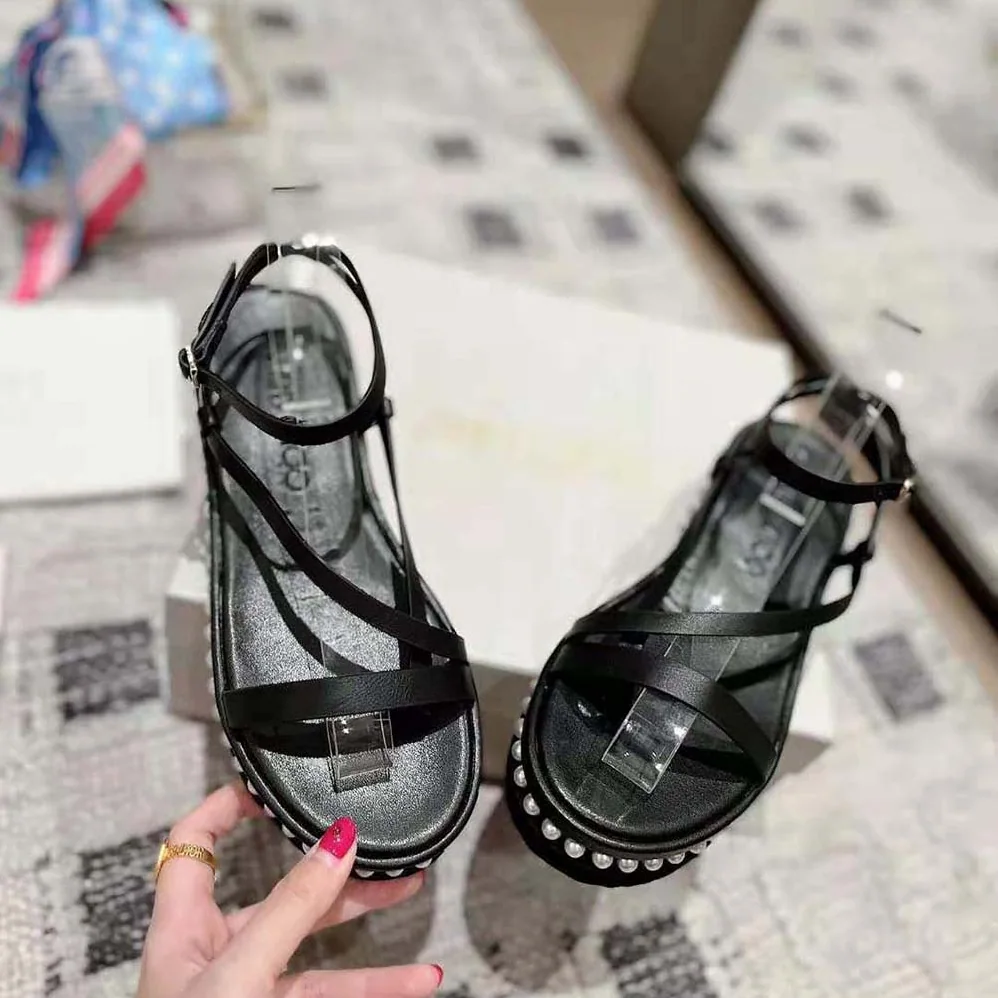 Jimmy Choo Pine Flat Black Vachetta Leather Platform Sandals with Pearl Embellishment for Women