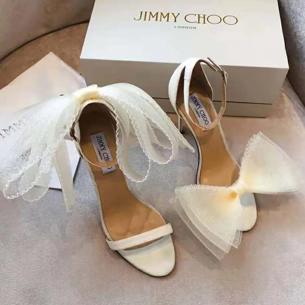 Jimmy Choo Aveline 100 White Sandals with Asymmetric Grosgrain Mesh Fascinator Bows for Women