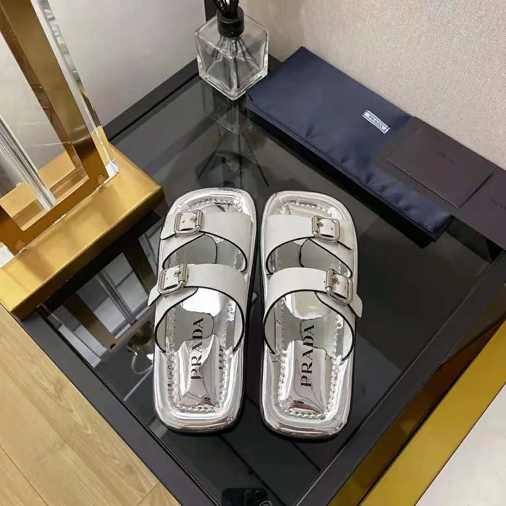 Prada Leather Sandals With Metal Buckle on the Upper for Women in Silver Prada Leather Sandals With Metal Buckle on the Upper for Women in Silver