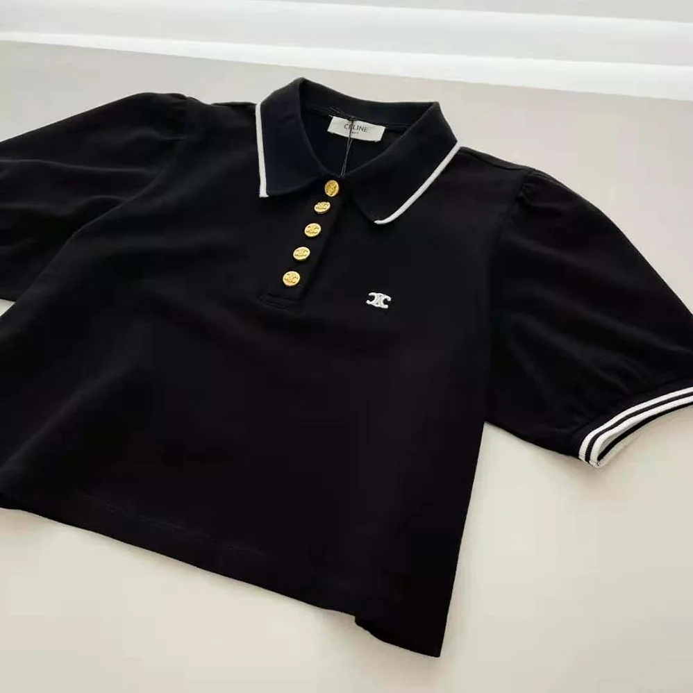 Celine Cropped Triomphe Polo Shirt in Cotton Piqué for Women Celine Cropped Triomphe Polo Shirt in Cotton Piqué for Women