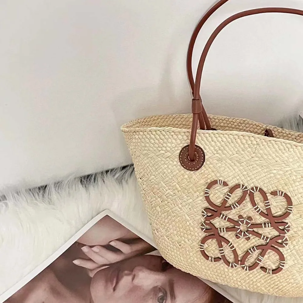 Loewe Small Anagram Basket Bag in Iraca Palm and Calfskin for Women
