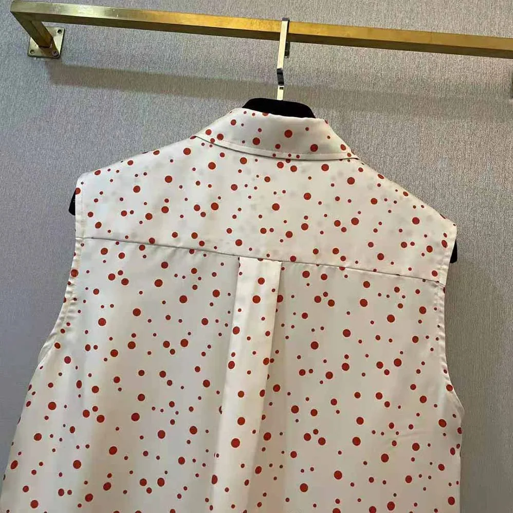 Dior Sleeveless Blouse Ecru Habotai Silk with Raspberry Pop Dots for Women Dior Sleeveless Blouse Ecru Habotai Silk with Raspberry Pop Dots for Women