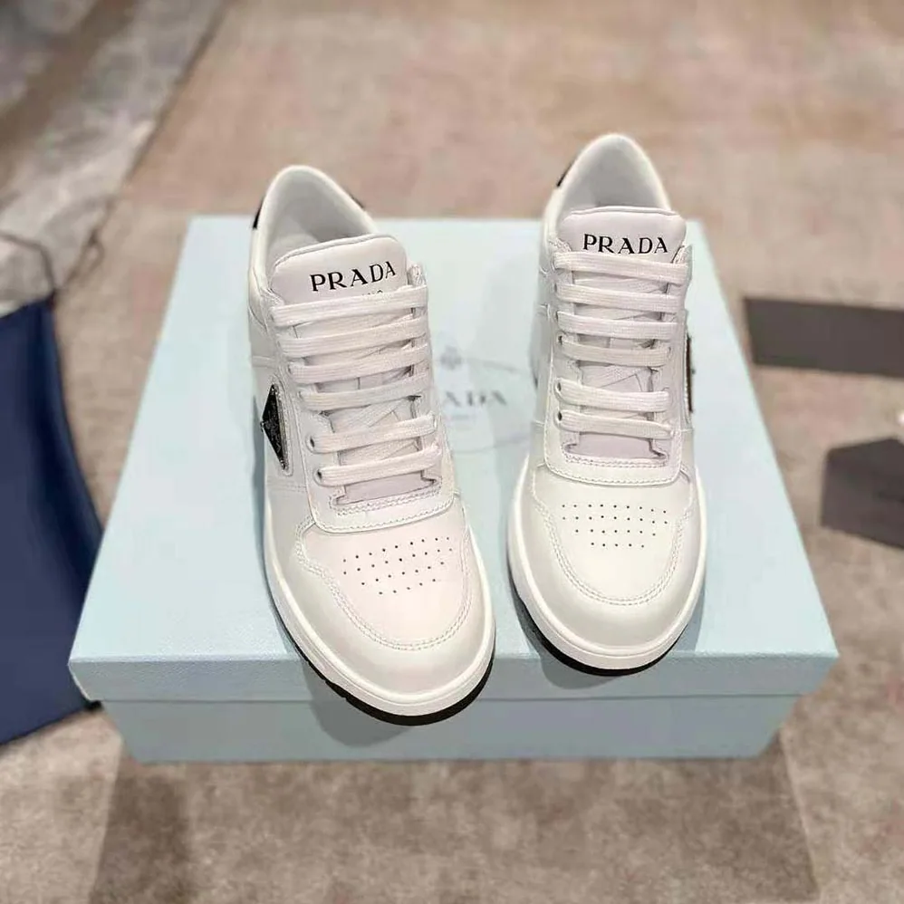 Prada Downtown High-Heeled Leather Sneakers for Women in White Prada Downtown High-Heeled Leather Sneakers for Women in White