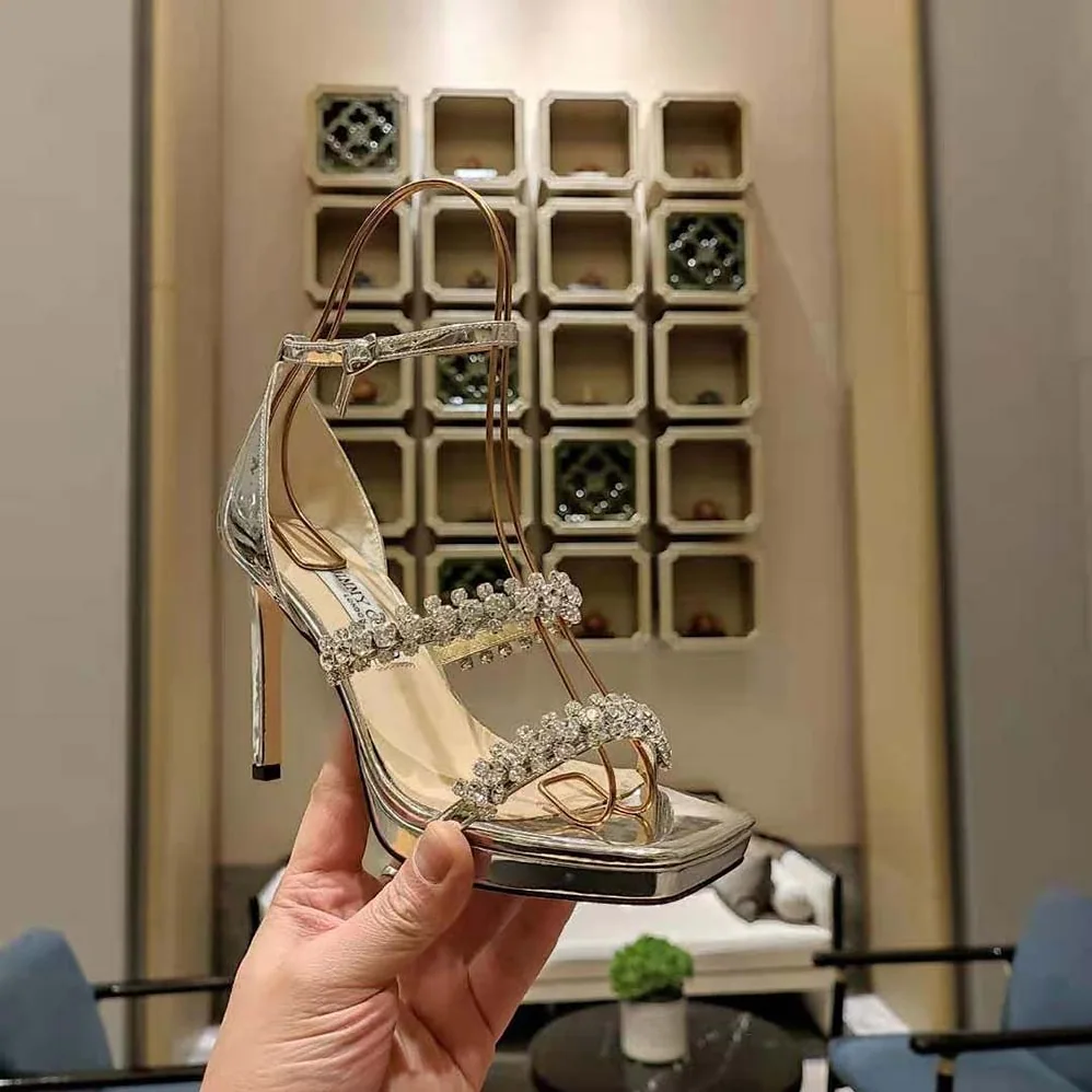 Jimmy Choo Bing Sandal 105 Silver Liquid Metal Sandals with Crystal Straps for Women Jimmy Choo Bing Sandal 105 Silver Liquid Metal Sandals with Crystal Straps for Women