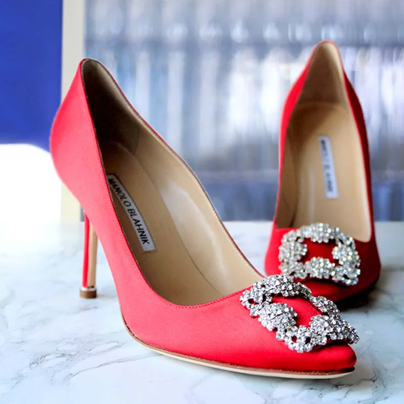 Manolo Blahnik Hangisi Satin Jewel Buckled Pumps Shoes Red for Women Manolo Blahnik Hangisi Satin Jewel Buckled Pumps Shoes Red for Women