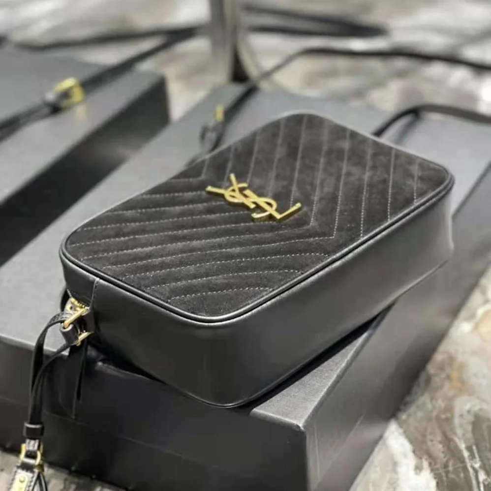 Saint Laurent YSL Lou Camera Bag in Quilted Suede and Smooth Leather for Women in Black