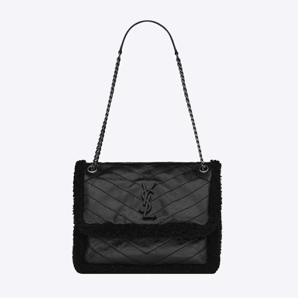 Saint Laurent YSL Niki Medium Chain Bag in Crinkled Leather and Shearling for Women Saint Laurent YSL Niki Medium Chain Bag in Crinkled Leather and Shearling for Women