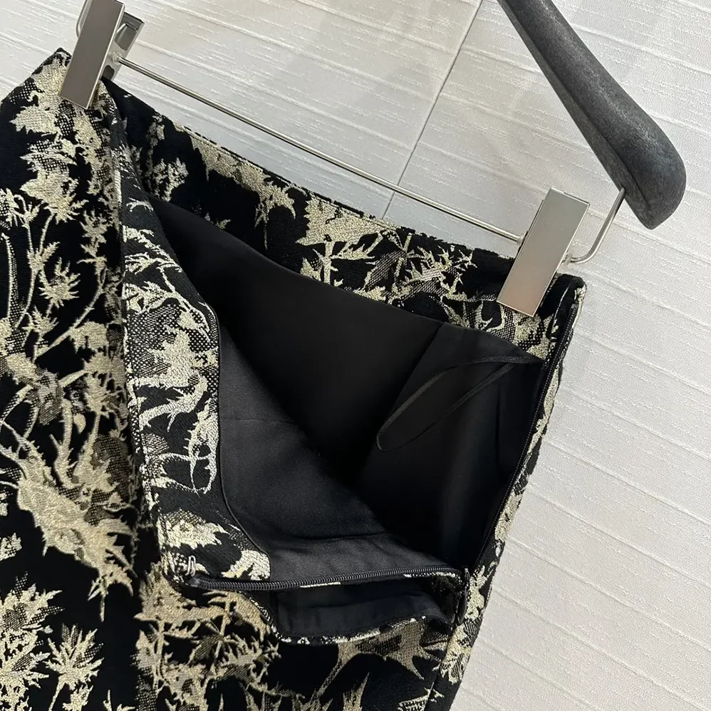 Dior Mid-Length Straight Skirt Black Technical Fabric with Gold for Women in Tone Dior Chardons Motif