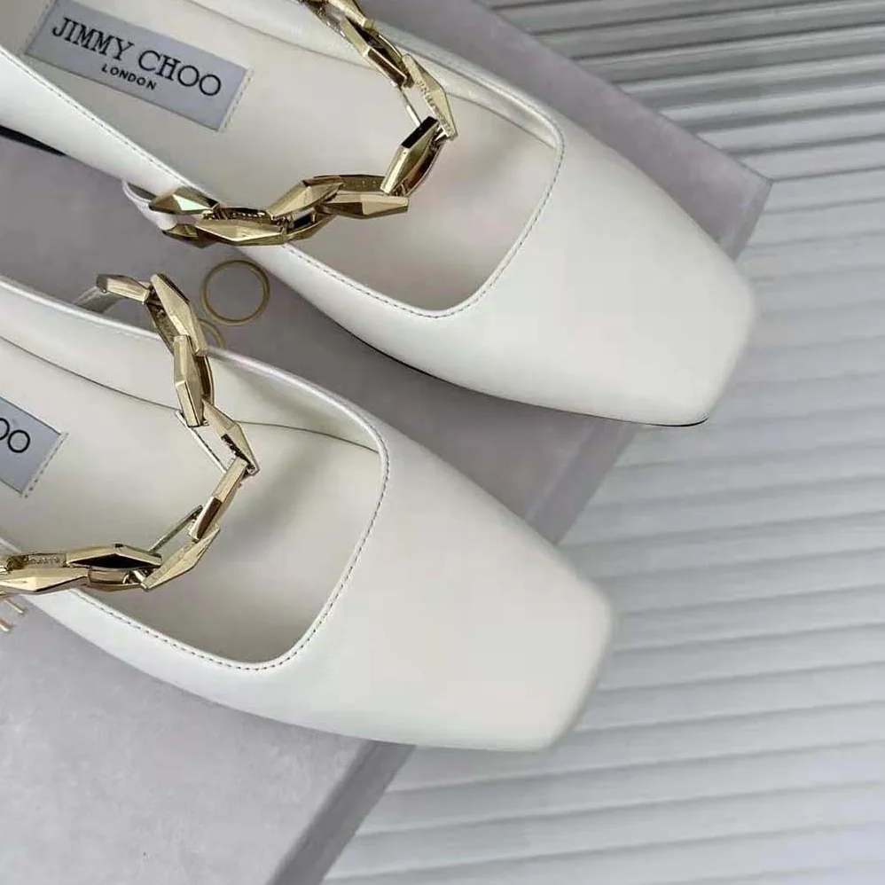 Jimmy Choo Diamond Tilda Flat Black Nappa Leather Flats with Chain for Women in White