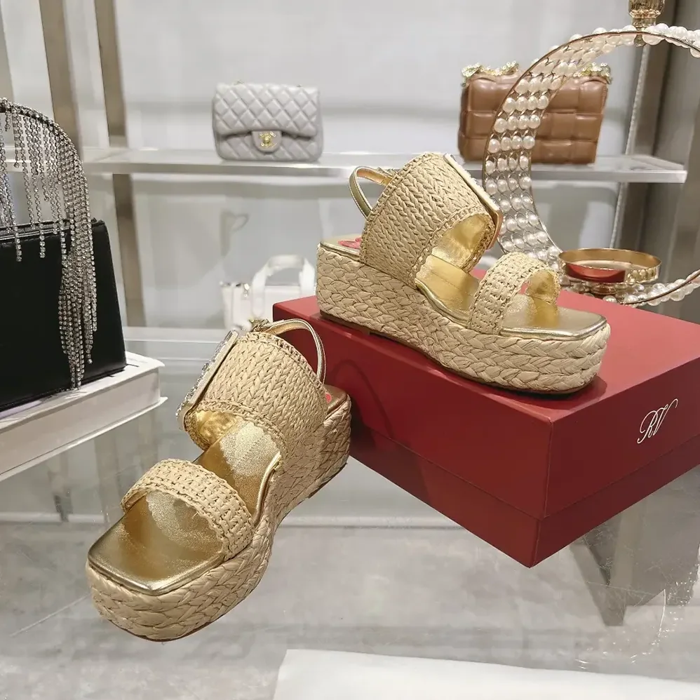 Roger Vivier Strass Buckle Wedge Sandals in Raffia for Women Roger Vivier Strass Buckle Wedge Sandals in Raffia for Women