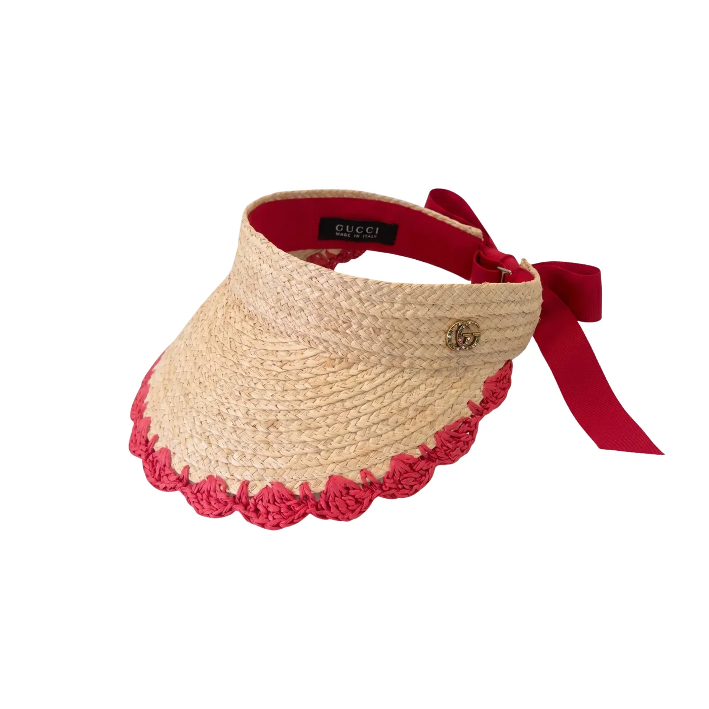 Gucci Crochet-Trimmed Visor Beige/ Red Straw Gucci Crochet-Trimmed Visor Beige/ Red Straw