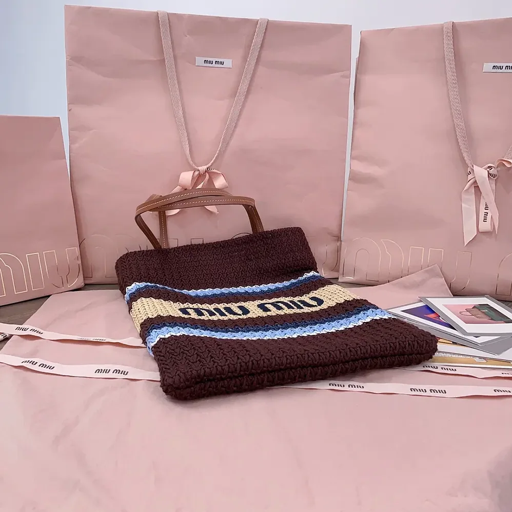 Miu Miu Raffia-Effect Woven Tote Bag for Women in Cocoa Brown/Celeste/Natural